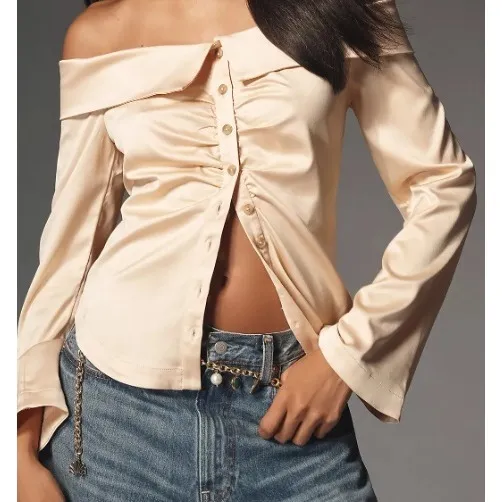 By‎ Anthropologie Collared Silky Off the Shoulder Ruched Button Down, Small NWT Tan - Image 10