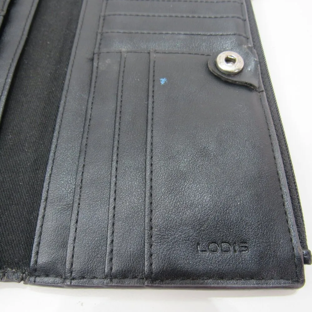 Lodis Black Leather Perforated Long Bifold Wallet Back Zip Classic Boho 7x4'' - Image 3