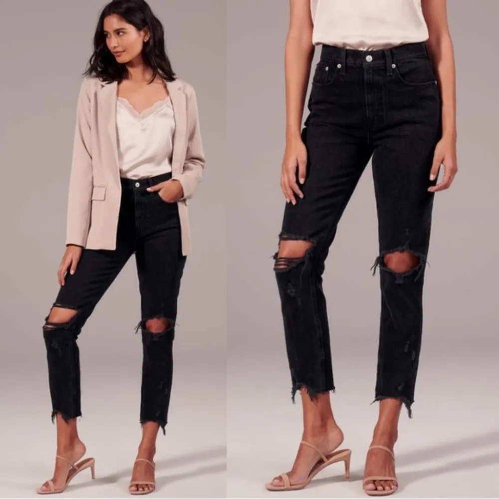 A&F • High Rise Mom Jean black denim ripped knees distressed raw frayed ankle - Image 3