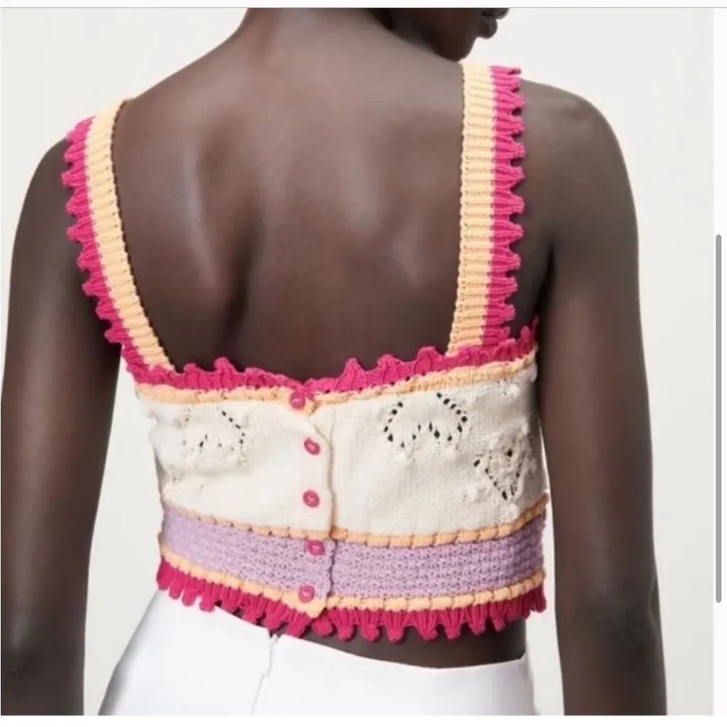 ZARA Crochet Knit Cream and Pink Crop Top - Image 6