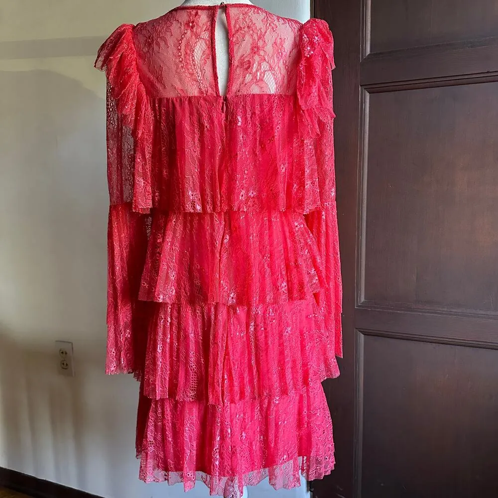 BADGLEY MISCHKA | Pink Red Tiered Pleated Lace Bell Sleeve Dress | Size 2 - Image 7
