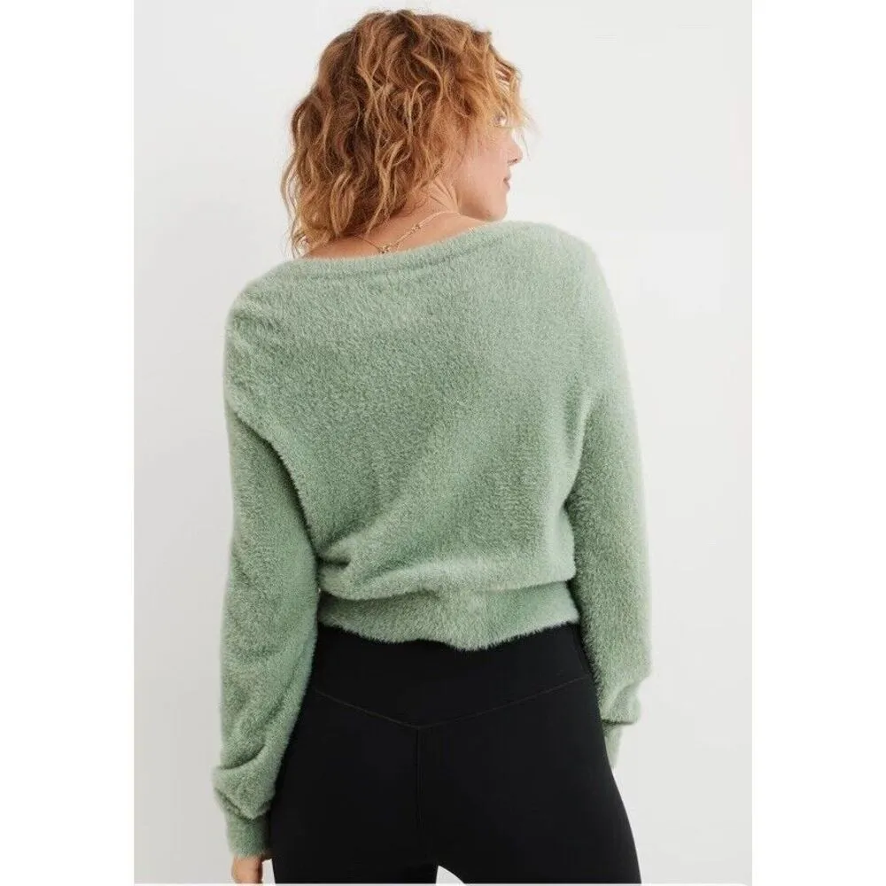 Aerie Small Green Cardigan Soft Fuzzy Texture Button Front V-Neck Long Sleeve - Image 7