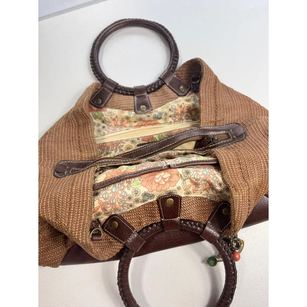 Fossil Brown Woven Circle Handle Satchel Bag Charm‎ Floral Interior - Image 6