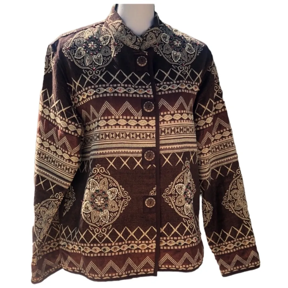 Vintage Flashback Tapestry Jacket Pockets Beads Metallic Sparkle Womens Large Brown - Image 3