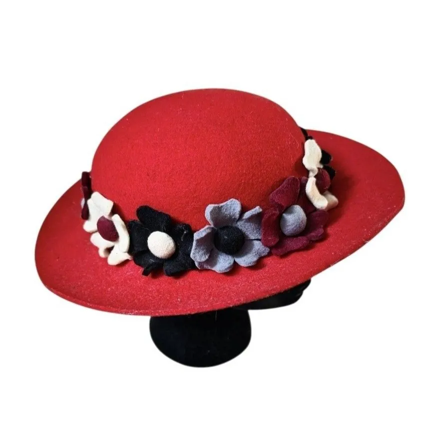 Peru Felted Wool Hat Felt Flowers Red Women Wide Brim Size Large Travel Cat Lady - Image 5