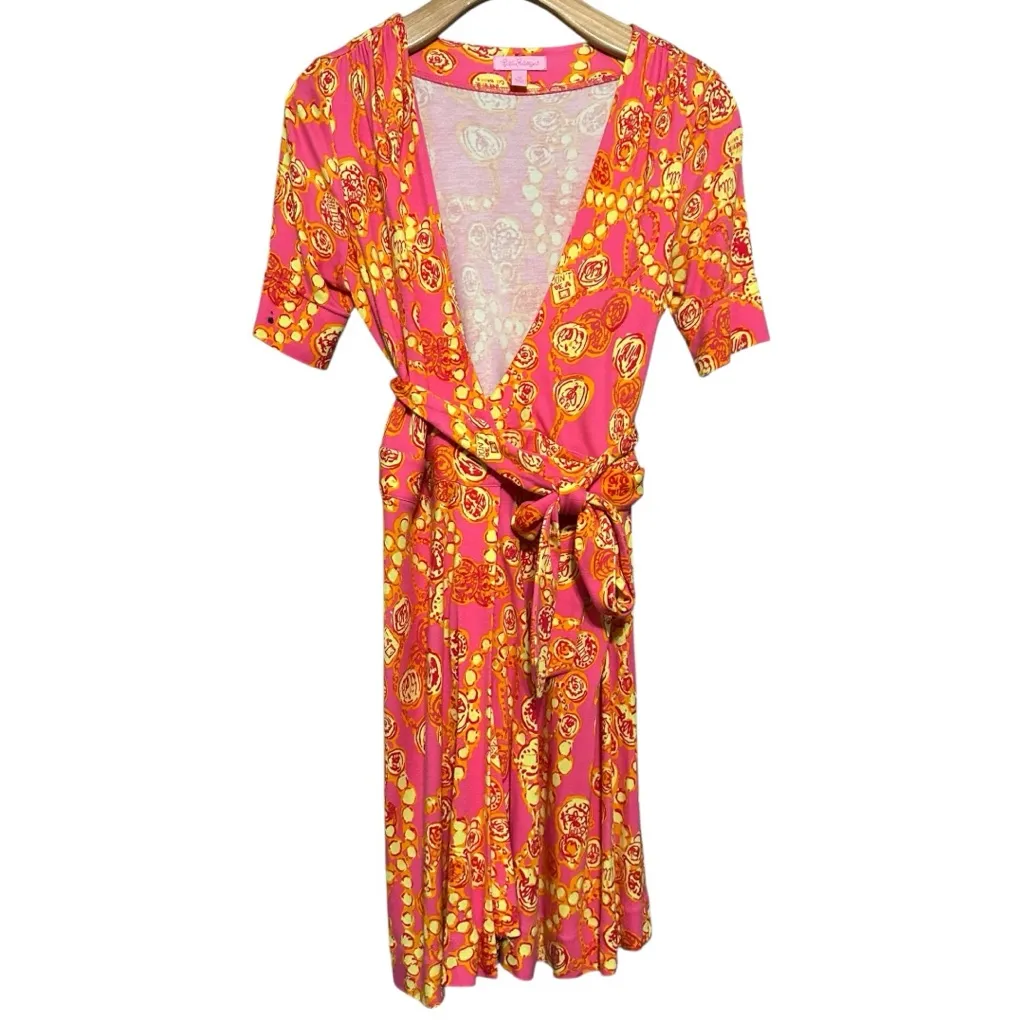 Lilly Pulitzer Women’s Sz XS Hotty Pink Doubloons Yellow Short Sleeve Wrap Dress - Image 3