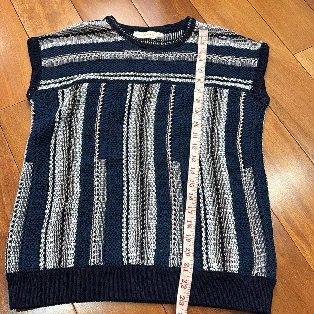 Tory Burch Knit Linen Blend Navy Blue Striped Crochet geometric Top Size XS - Image 9