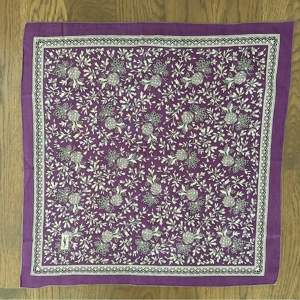 Yves Saint Laurent Floral Paisley Printed Cotton Bandana Scarf Purple 18" Square - Image 5