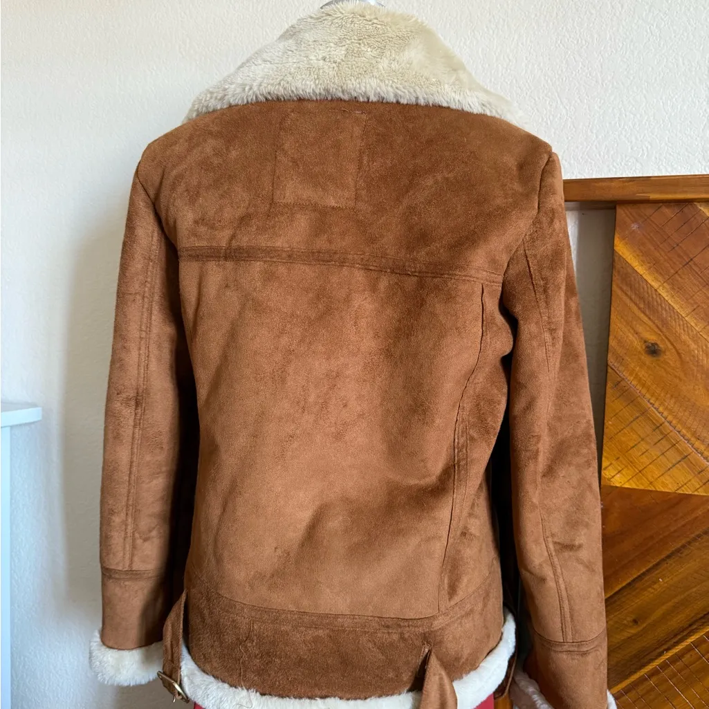 Women's Tan Shearling aviator jacket - Image 4