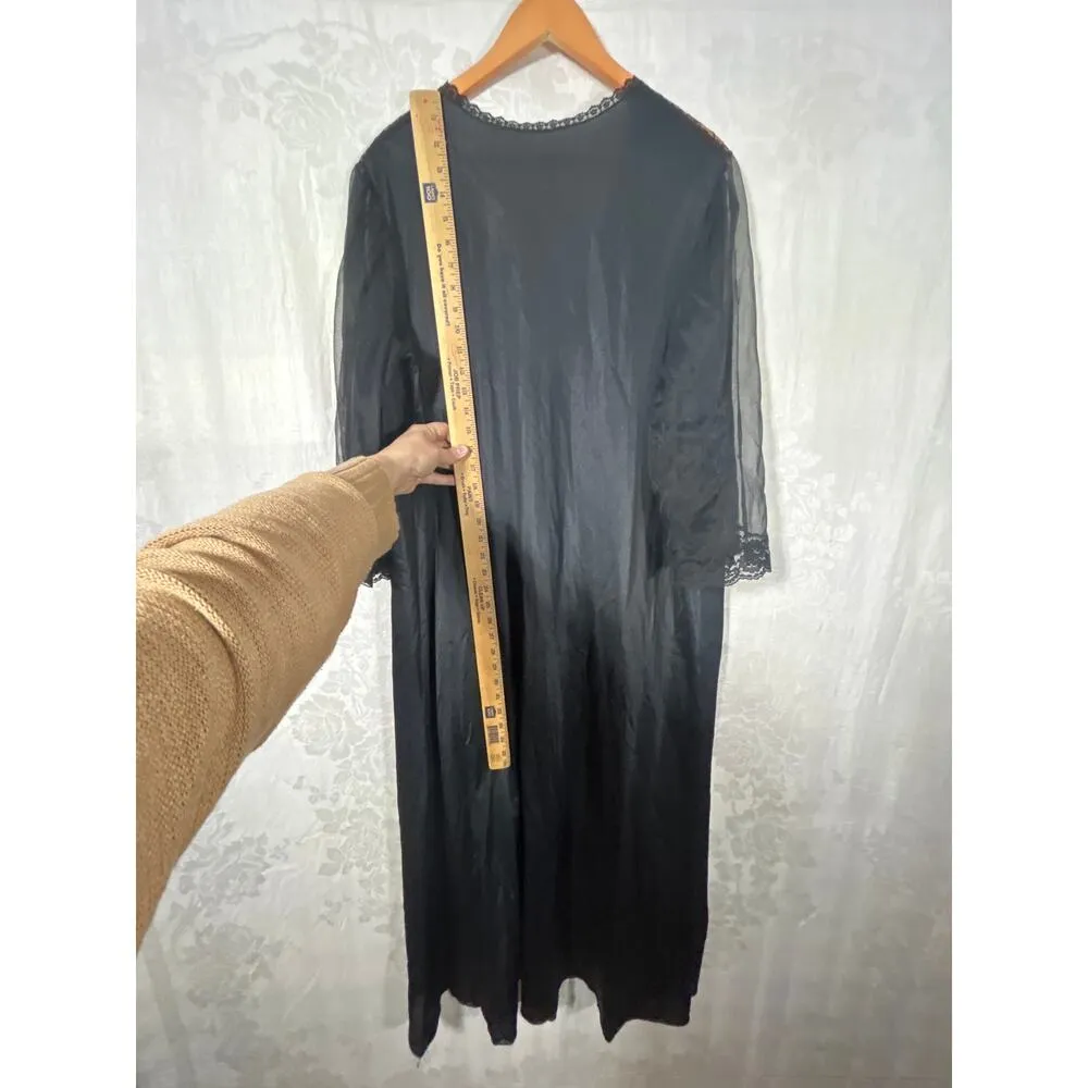 Vintage Robe Black Lace Tie Front USA Made One Size Long Maxi - Image 7