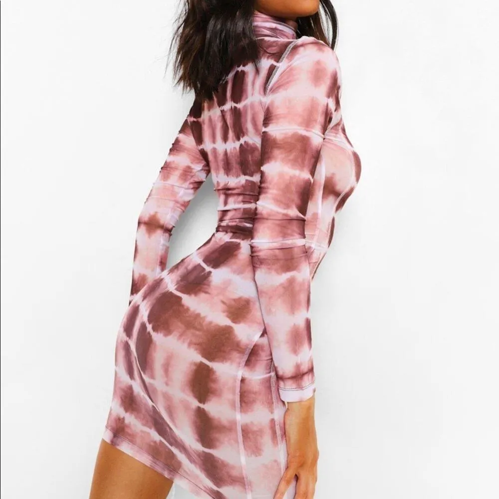 Boohoo Tie Dye High Neck Contrast Stitch Bodycon Mini Dress in Brown - Image 7