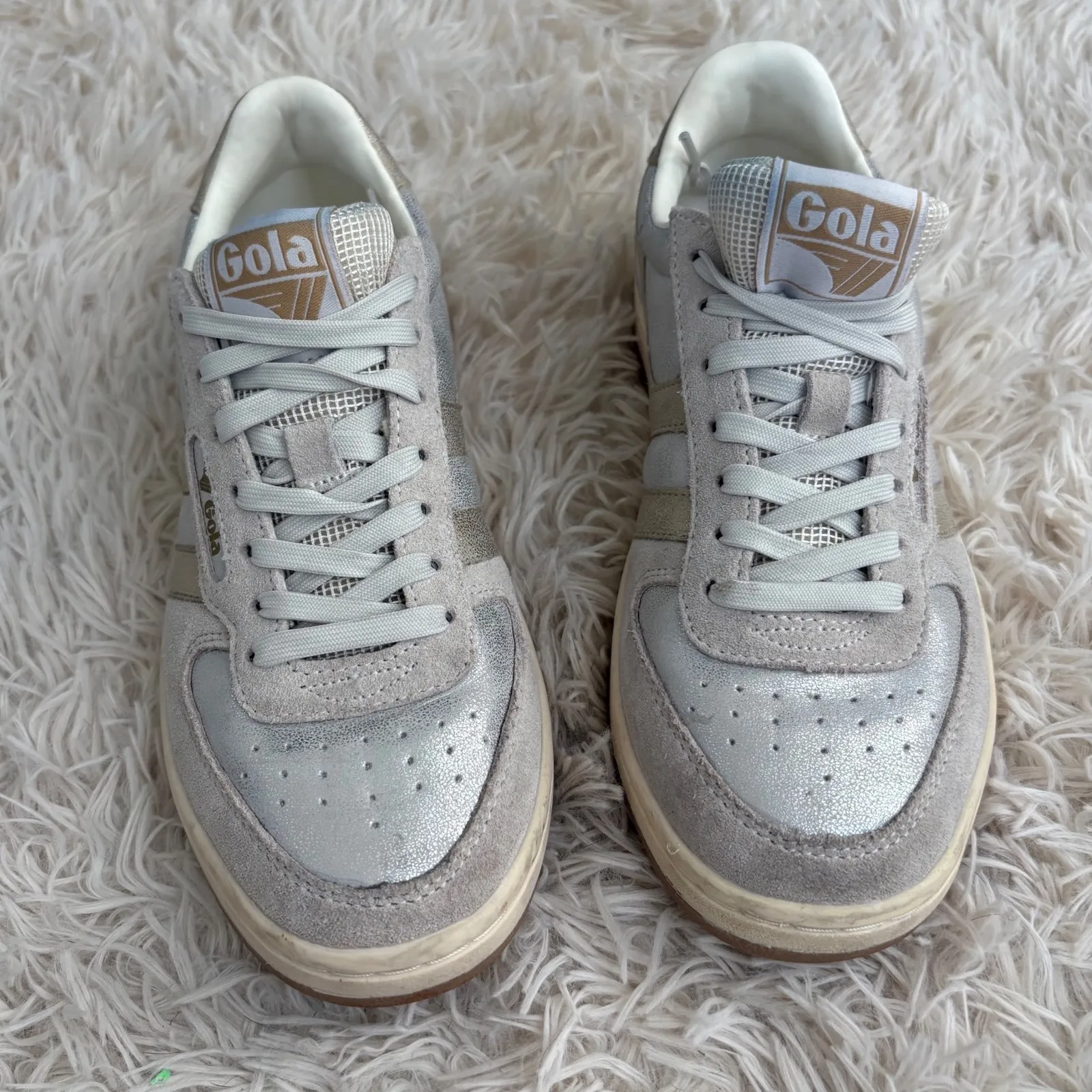Anthropology Gola Hawk Shimmer Sneakers Silver Gold Leather Suede Lace Up Size 6 - Image 2