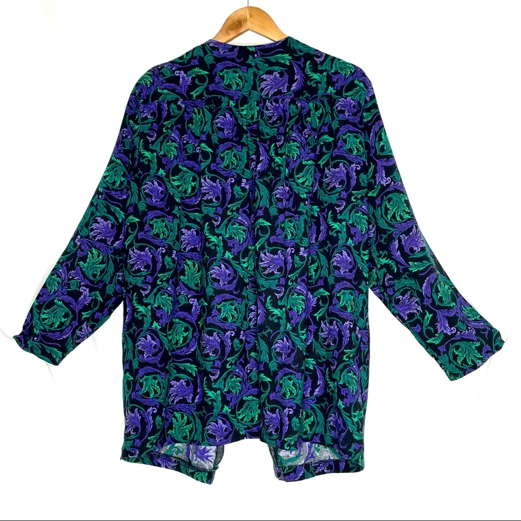 Vintage Floral Open Shirt Jacket Black Purple Grandmacore Baggy Plus Size Rayon‎ - Image 2