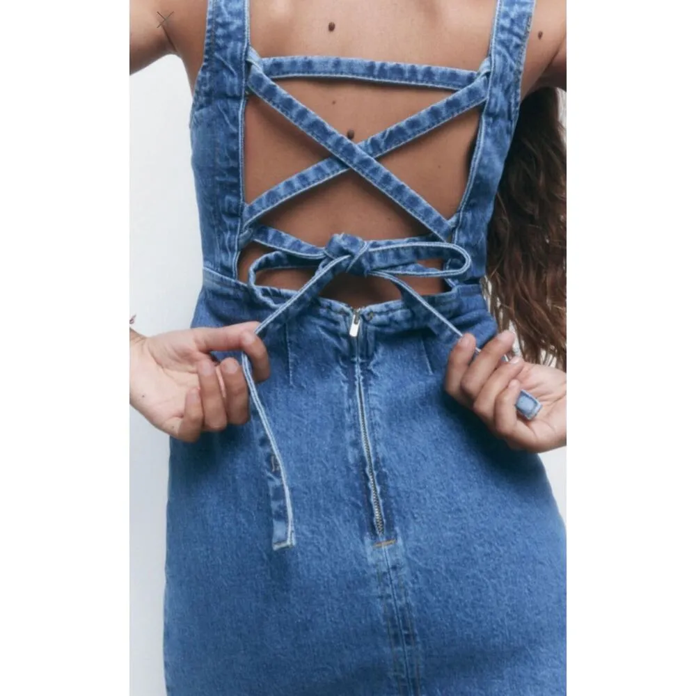 Zara Sleeveless Square Neck Crossback Strap Denim Mini Dress Blue Women's Size S - Image 2