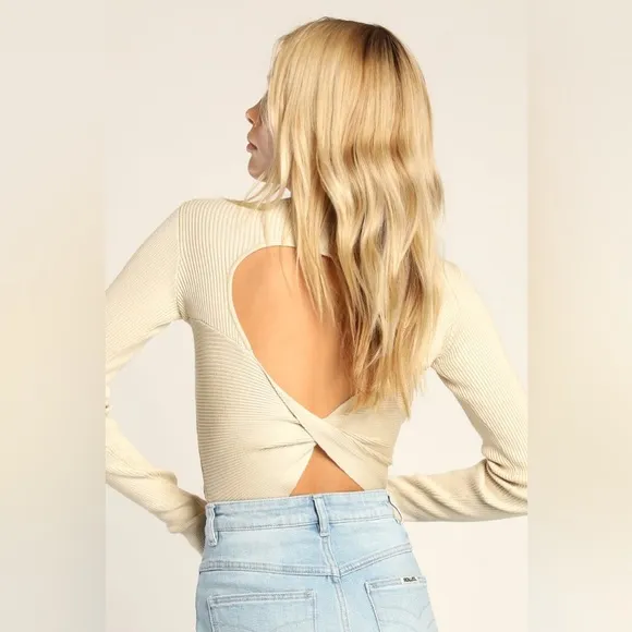 Lulus Seasonally Chic Cream Ribbed Knit Cutout Twist-Back Sweater - Image 2