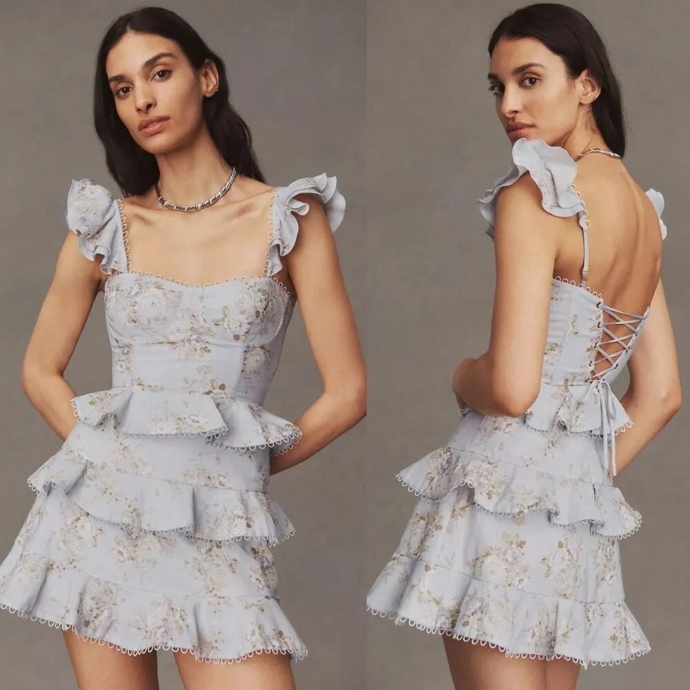 NEW V. Chapman Avignon Ruffled Corset Mini Dress‎ in Victorian Blue Roses Size 8 - Image 2