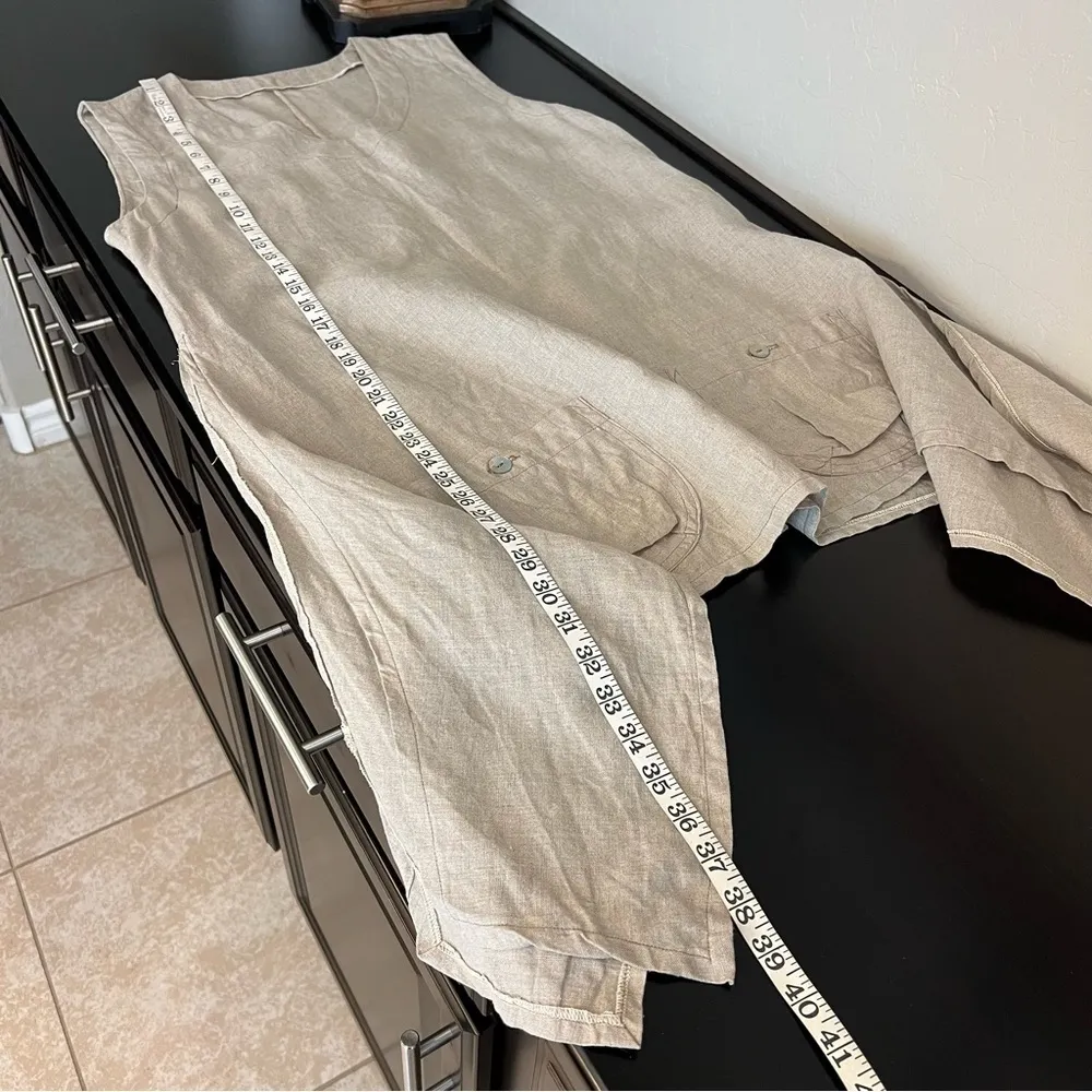 Boutique Linen tunic top Lagenlook asymmetric , pockets, sleeveless, tan, sz M - Image 7