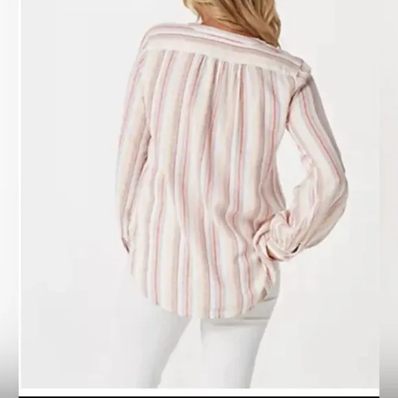 Denim and Co Naturals Button Up Top Sz S‎ Striped Coastal Grandma Beachy Linen White - Image 2