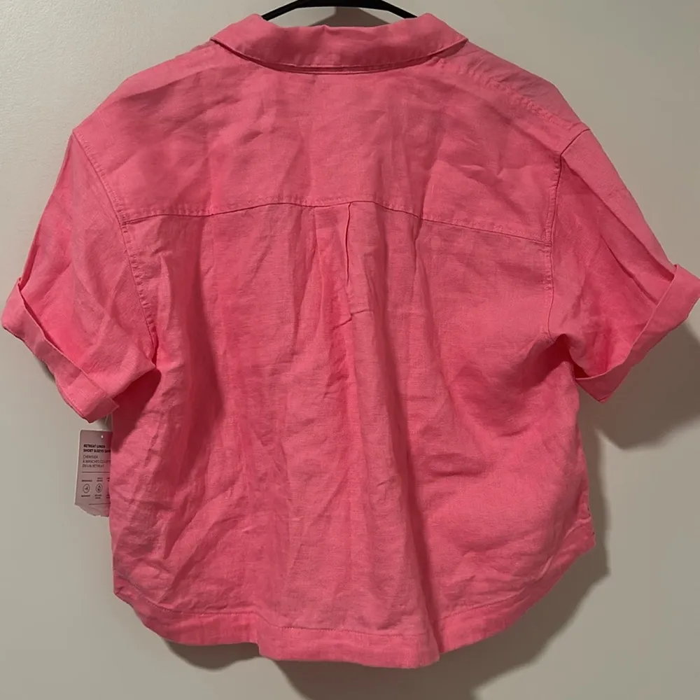 NWT Athleta Retreat Linen Short Sleeve Shirt Raphanus Pink Size Medium - Image 4