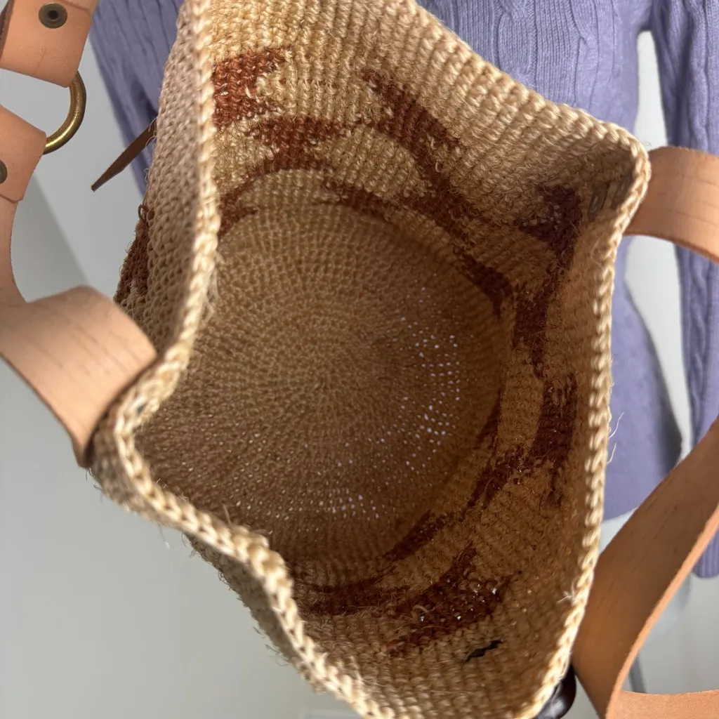 Raffia boho bucket Crossbody bag hand woven, Crochet & Leather Strap Tan - Image 6