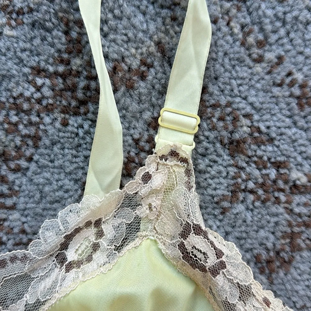 Vintage Nylon Satin & Lace Slip Nightgown Midi Yellow 38 - Image 4
