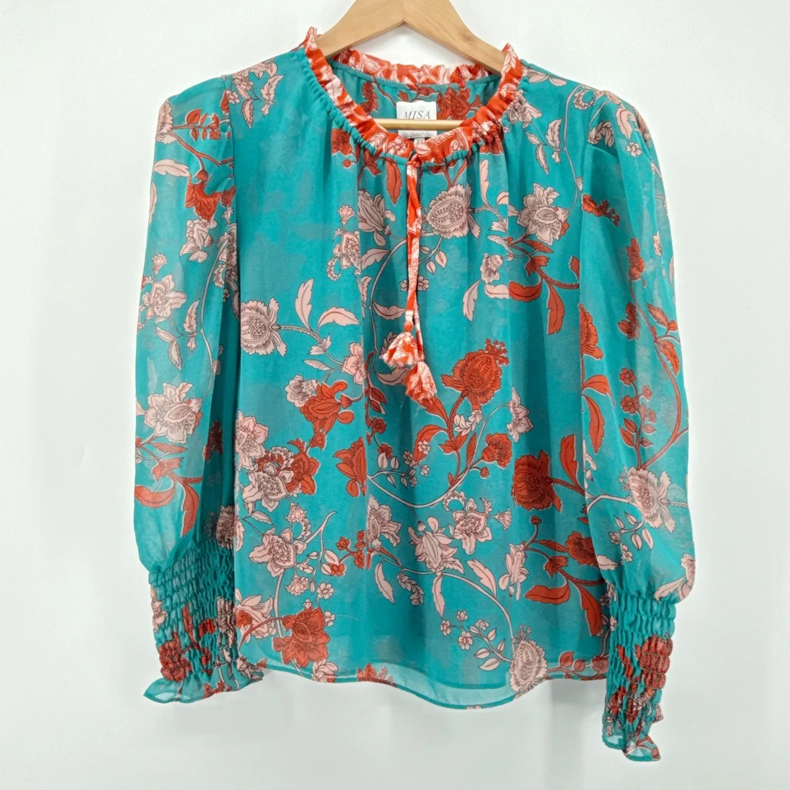 Misa Los Angeles Revolve Siena Teal Floral Print Tie Neck Peasant Blouse XS - Image 2