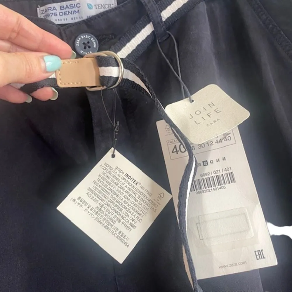 Zara Navy Blue Lyocell Belted Lightweight Chino Pants Women Sz 8 - Image 4