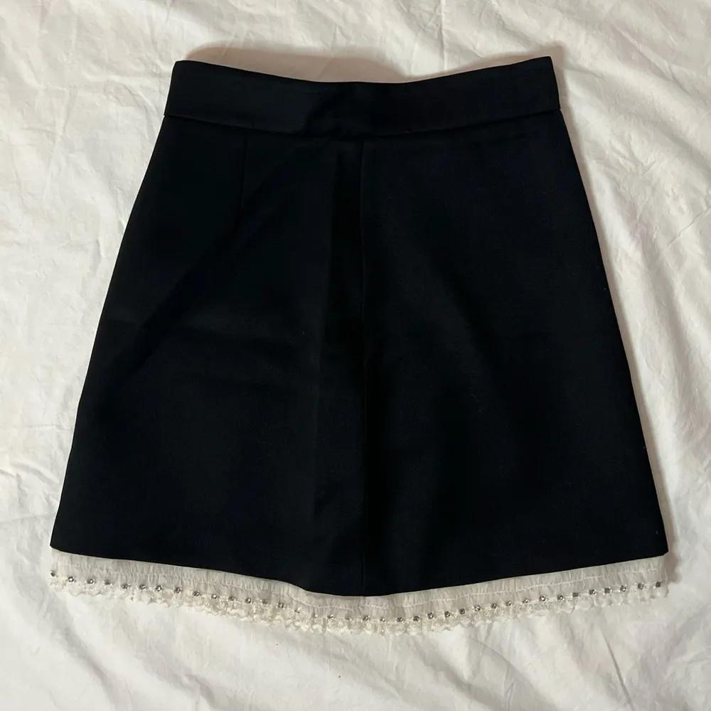 Miu Miu Black Mini Skirt with White Lace Trim and Rhinestone and Beading Small - Image 2