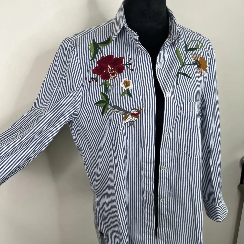 Modavanti Embroidered Floral Bird Nautical Striped Button Down Blouse Size L - Image 8