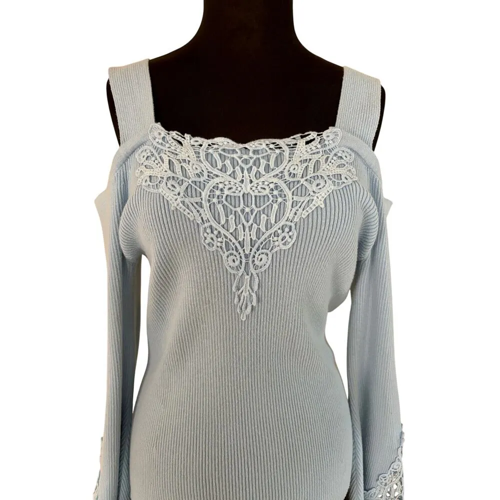 Boston Proper Blue Cotton Blend Stretch Crochet Embellished Cold Shoulder Top - Image 3