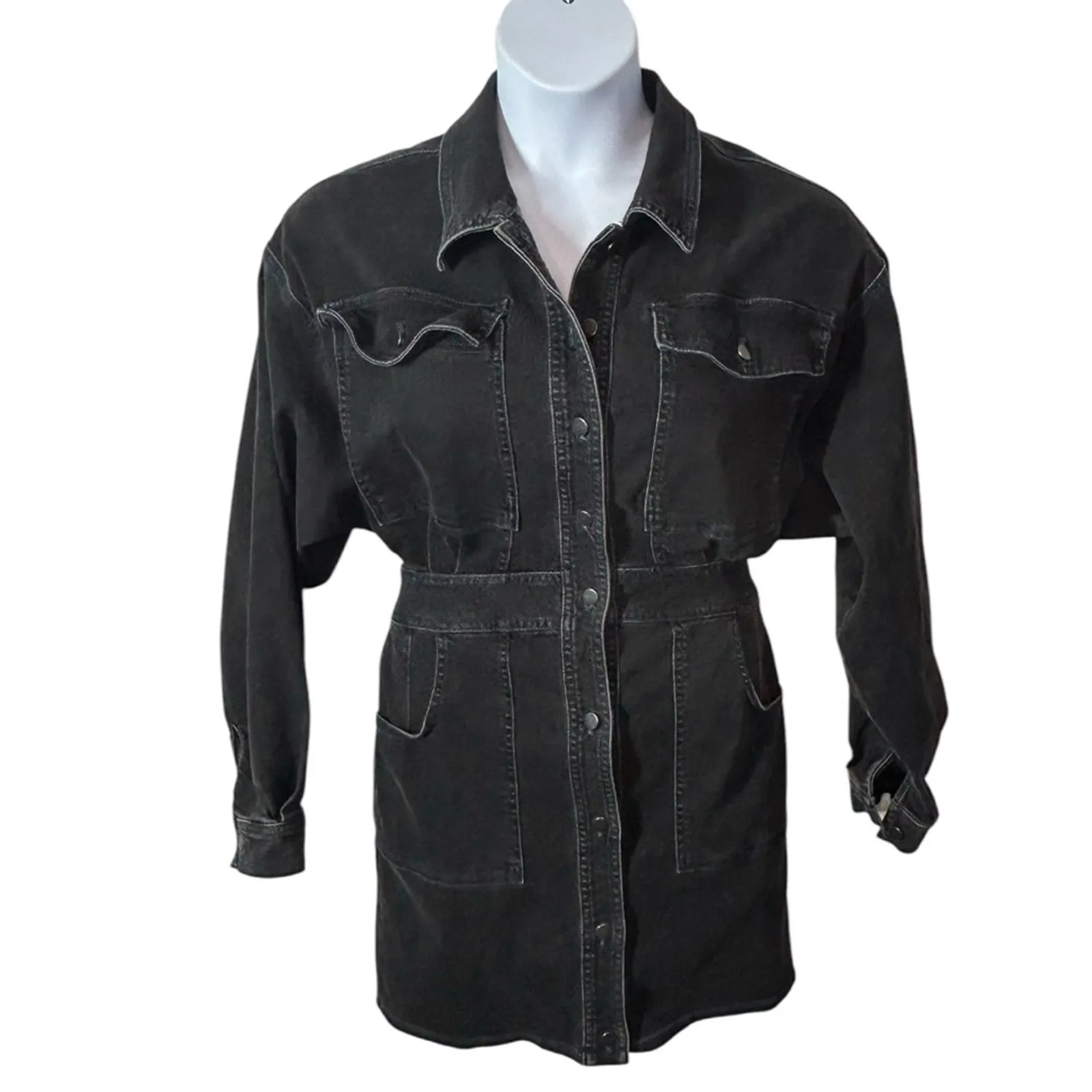 Free People 90s Black Denim Mini Dress M Vintage Western Boho Dolman Sleeve - Image 5