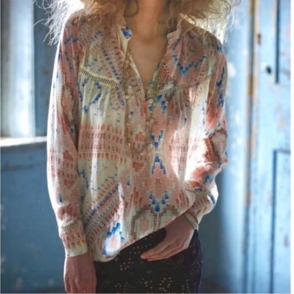 Dolan Popover Blouse Cream Geometric Red - Image 3