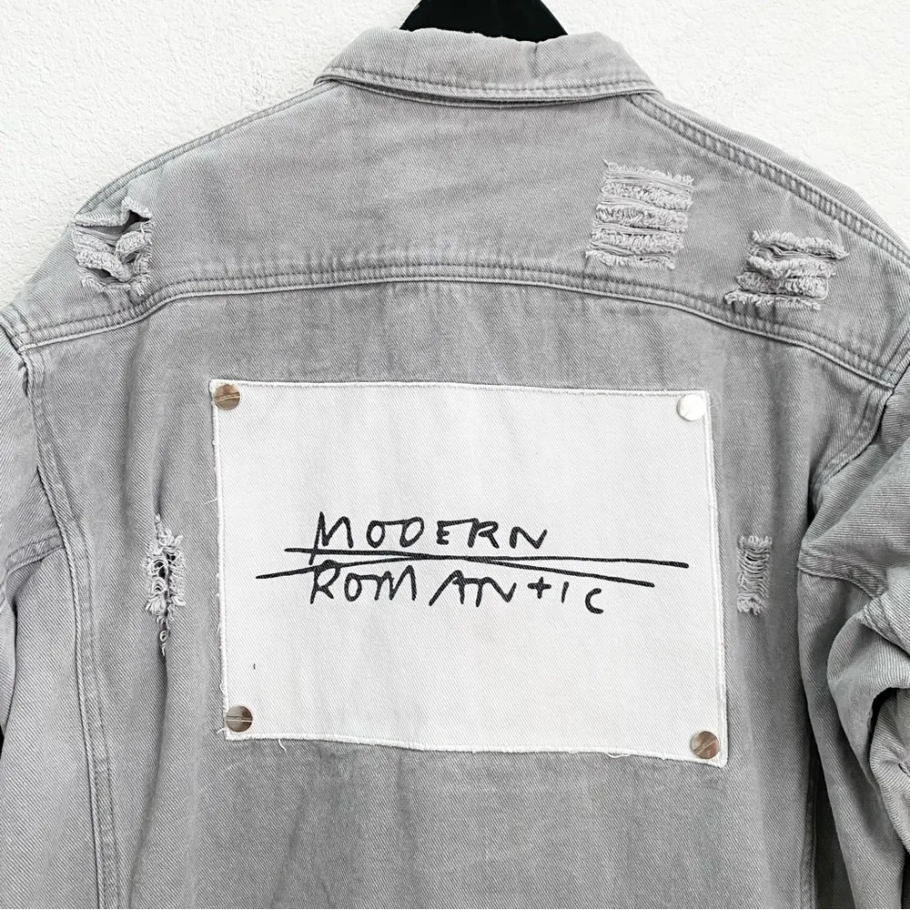 Modern Romantic Distressed Light Gray Denim Button Up LS Shirt One Size fits M/L - Image 5