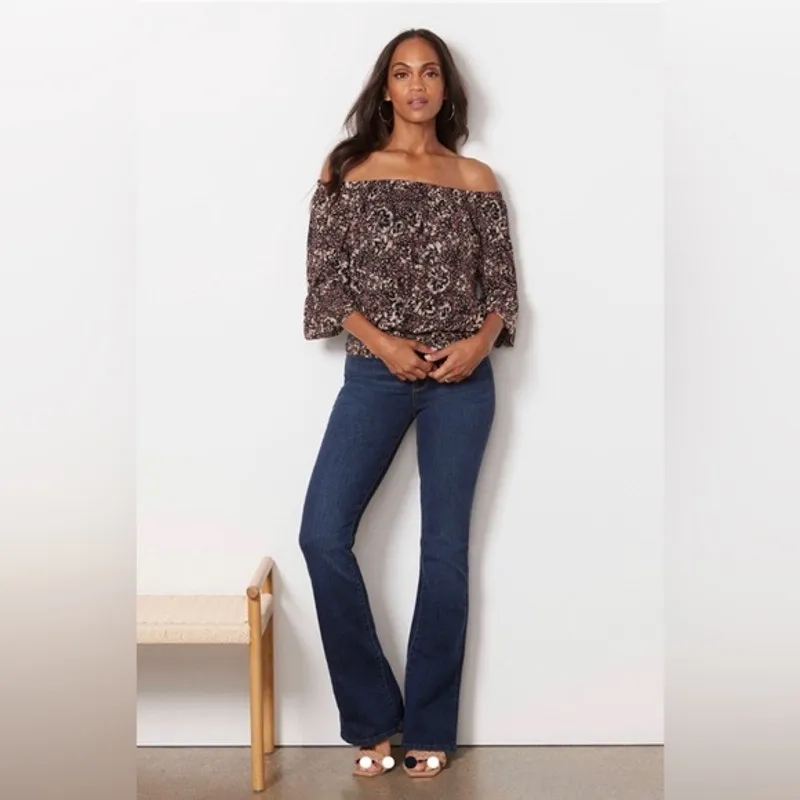 Evereve Dark Floral Smocked Off Shoulder Mesh Style Stretch Shirt size XS - Image 9