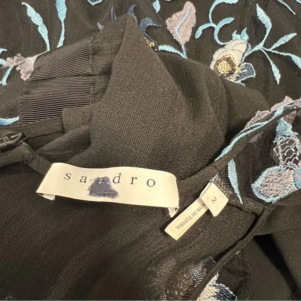 Sandro Sz 2 Floral Embroidered Midi Dress Tulle Blueshine Sleeveless - Image 7