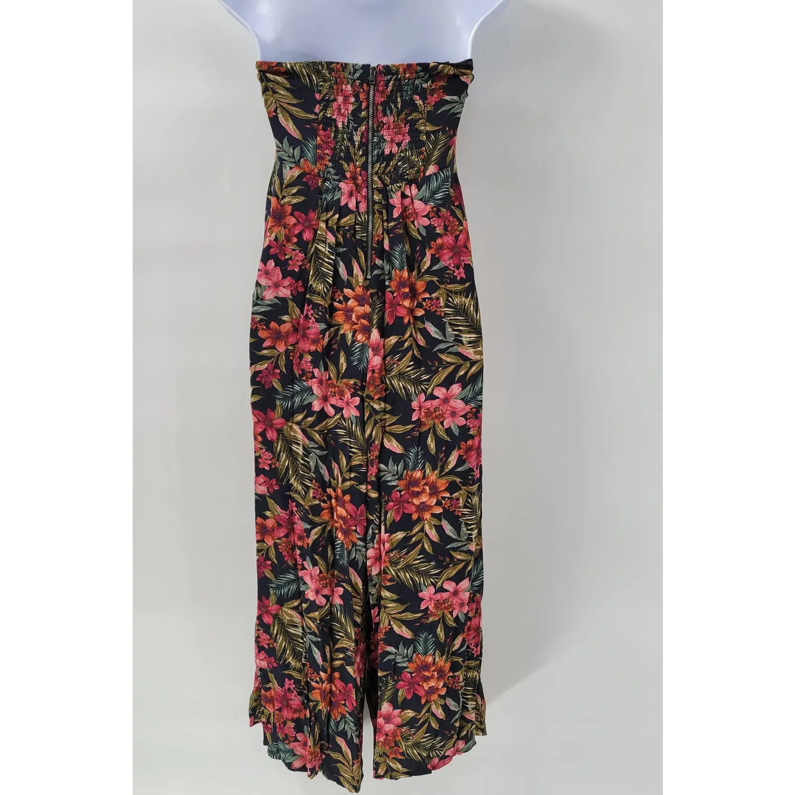 American‎ Eagle Strapless Jumpsuit Womens Med Tie Front Tropical Floral Wide Leg Black - Image 2