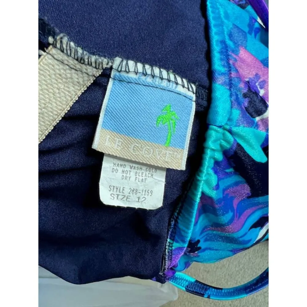 Le cove one piece swimsuit Vintage floral tankini look blue purple white Size 12 - Image 8