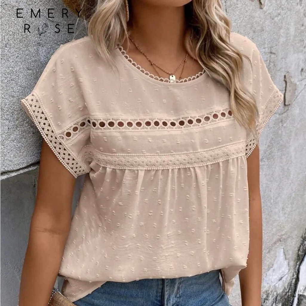 EMERY ROSE Swiss Dot Contrast Lace Dolman Sleeve Blouse - Image 5