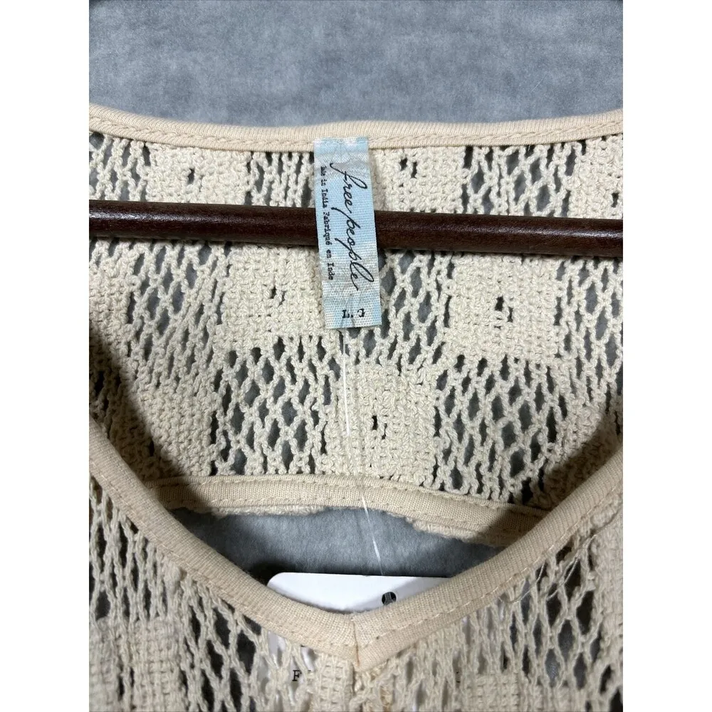 Free People Beige Tank Top Blue Beaded Crochet Look Cutout Back Women’s L - Image 3