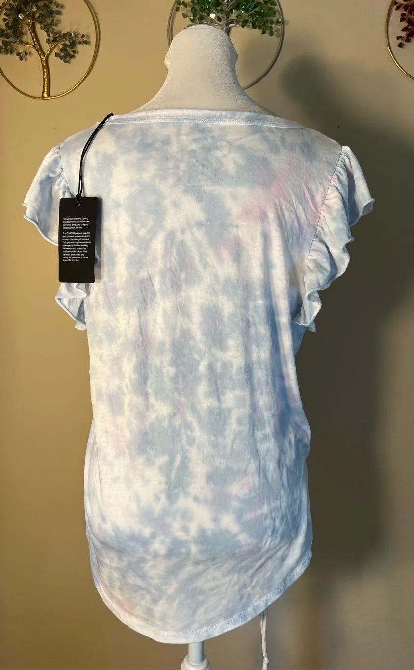 Chaser  Blue White Pink Tie Dye Sunsets Cocktails Dream Flutter Sleeve Tee M - Image 2