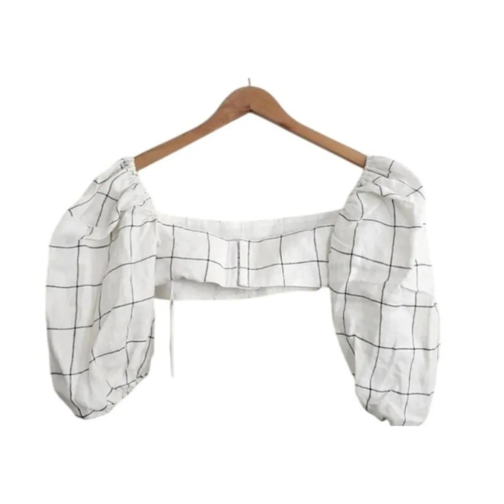 NWT Rumer Quinn Plaid 3/4 Puff Sleeves Linen Crop Top Back Clasp Closure M Ivory - Image 13