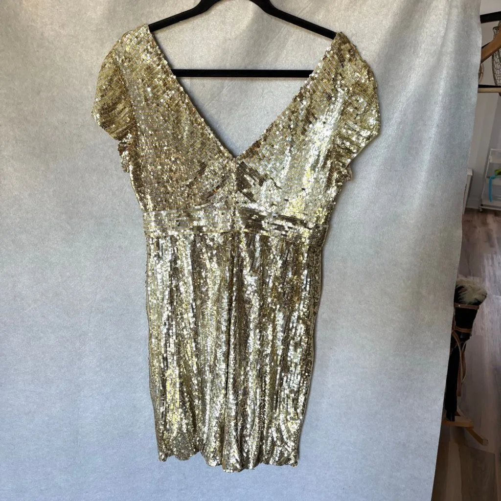 Dolce Jovani Silk Gold Sequin Mini Dress Size 12 Bubble Hem Skirt Cocktail - Image 2