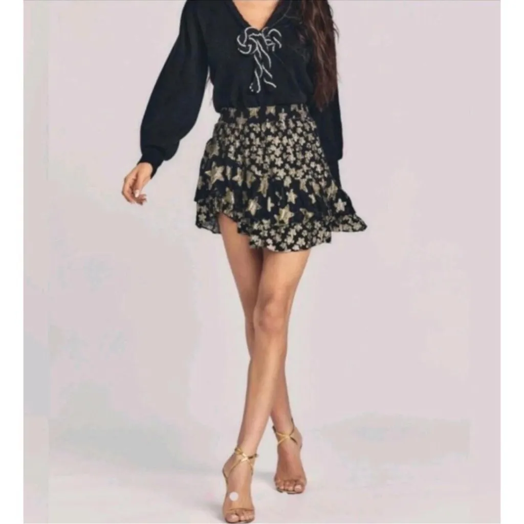 LoveShackFancy Women’s Seniya Black Gold Star Tiered Asymmetrical Mini Skirt M - Image 13