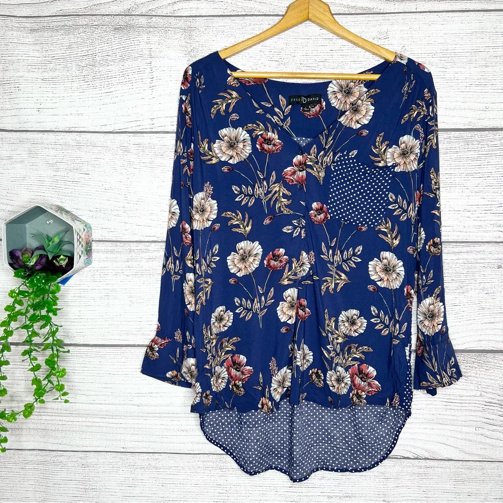 Fred David Blue Floral & Polka Dot Casual Top Size Large Designer Boho Fall - Image 2