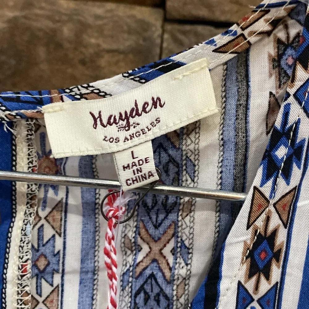 LA sleeveless boho navy blue brown Aztec print mini dress keyhole back - Image 8