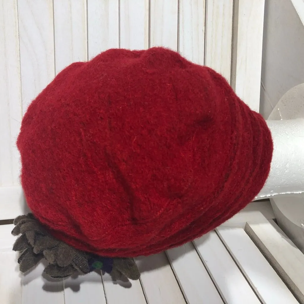 La Fenice Florence Wool Felt Wool Hat Emily in Paris Floral Appliqué Deep Red OS - Image 5