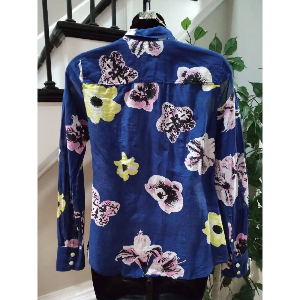 J.CREW Women's Blue Floral Silk Collared Long Sleeve Button Down Shirt Size XS - Image 5