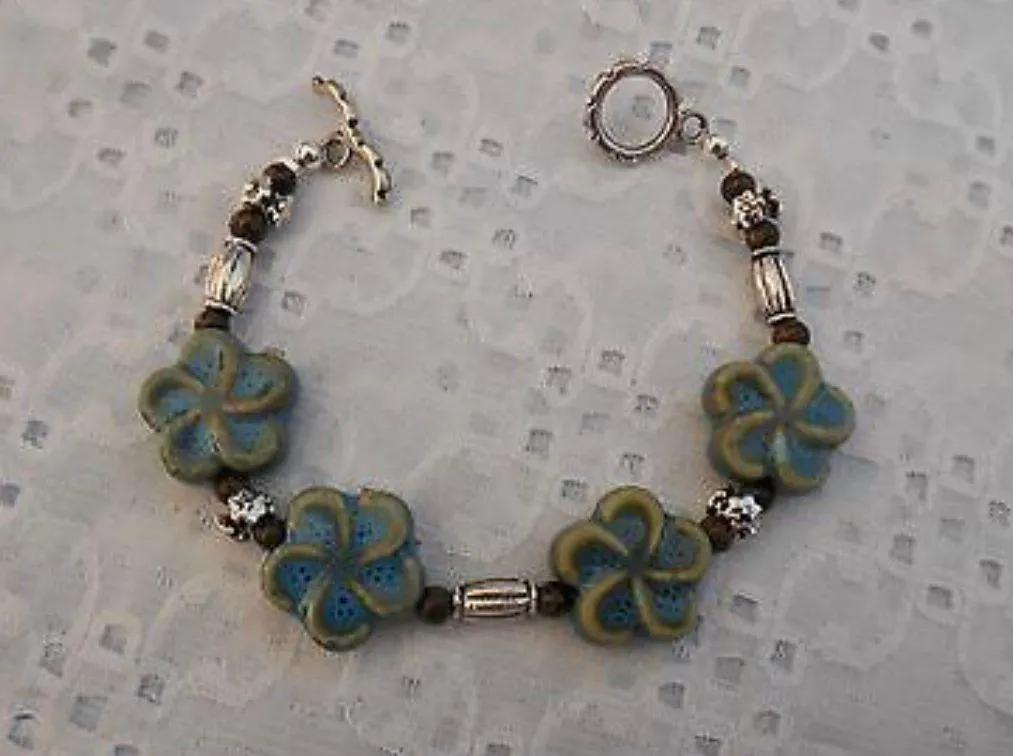 NEW!  Earthy Beaded Toggle Bracelet W Ceramic Flower Beads. 7.25” - Image 4