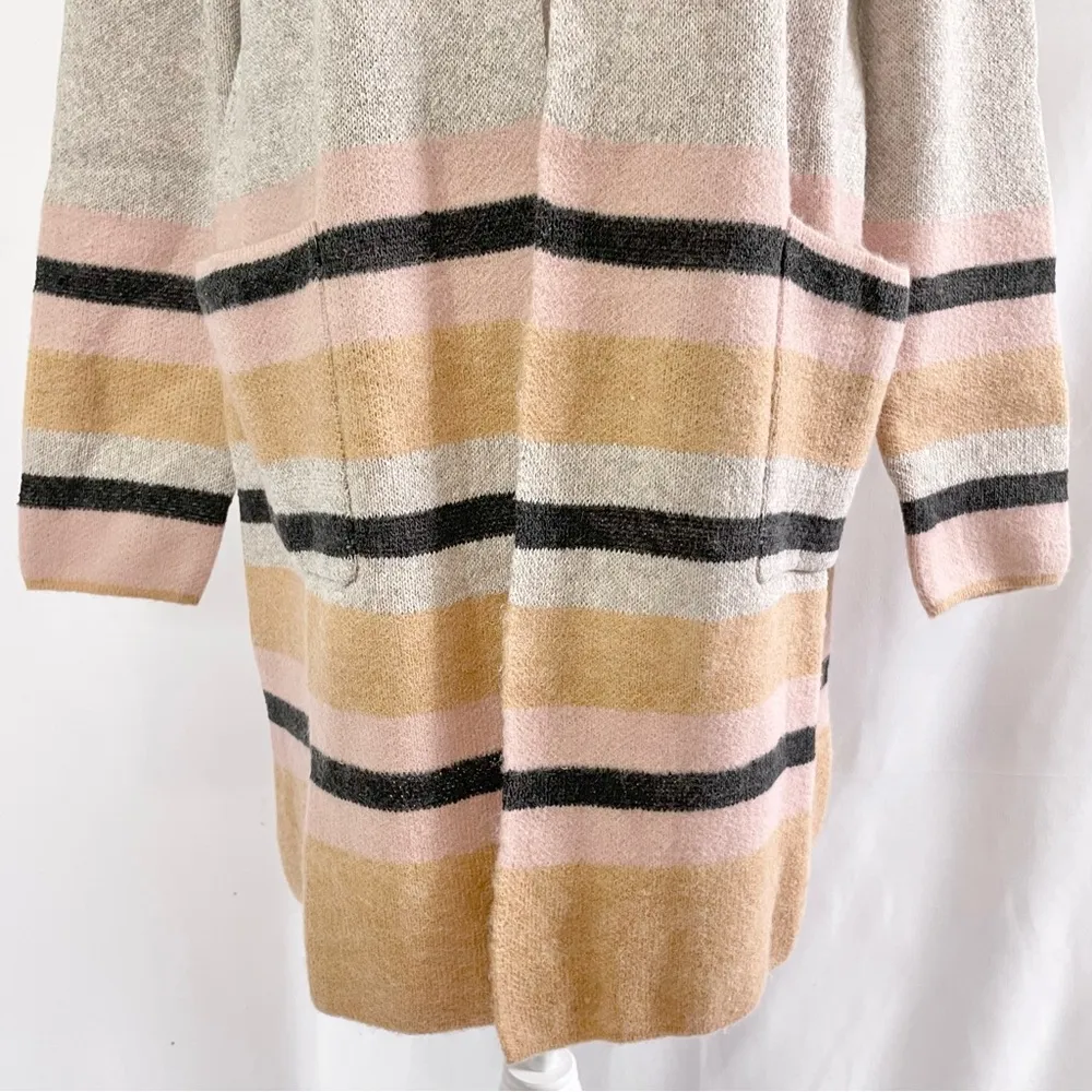 Striped Open Front Long Cardigan Grey Brown Pink Size Medium - Image 3