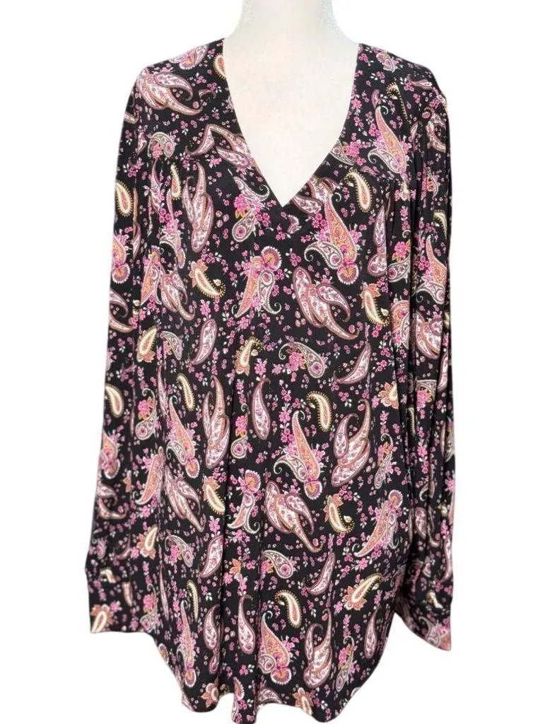 NEW Lane Bryant Womens 14/16 Paisley Print Stretch Blouse Long Sleeve Pink Black - Image 2